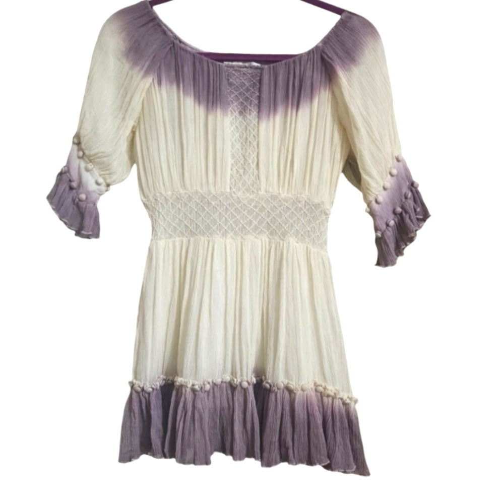 TONY COHEN silk tunic/mini dress. Cream and purple tie dye. Size small